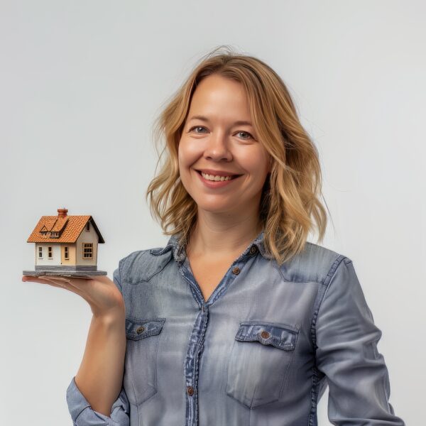 A picture of a British woman holding a model house in her hand