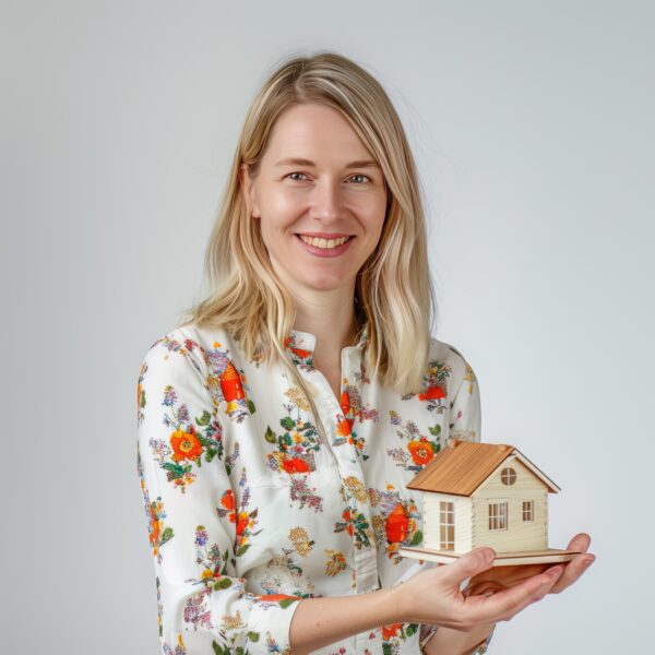 A picture of a British woman holding a model house in her hand in floral dress