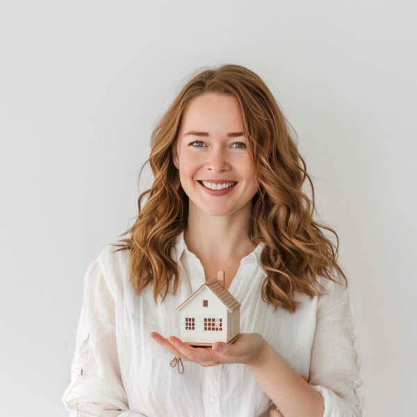 A picture of a British woman holding a model house in her hand in white shirt