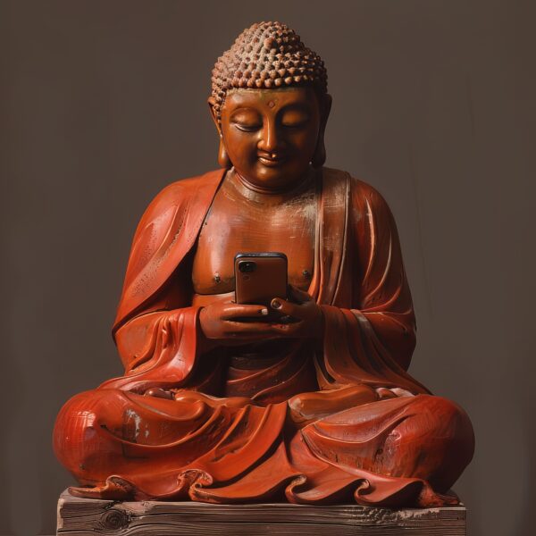 A picture of a Buddha statue holding a smartphone