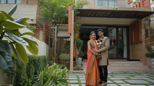 A picture of a confident and affluent young Indian couple smiling in front of their home