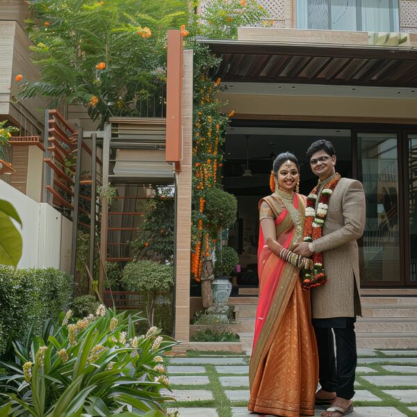 A-picture-of-a-confident-and-affluent-young-Indian-couple-smiling-in-front-of-their-home-scaled from Images