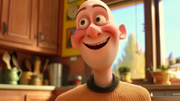 A picture of a humorous Pixar style cheerful bald man