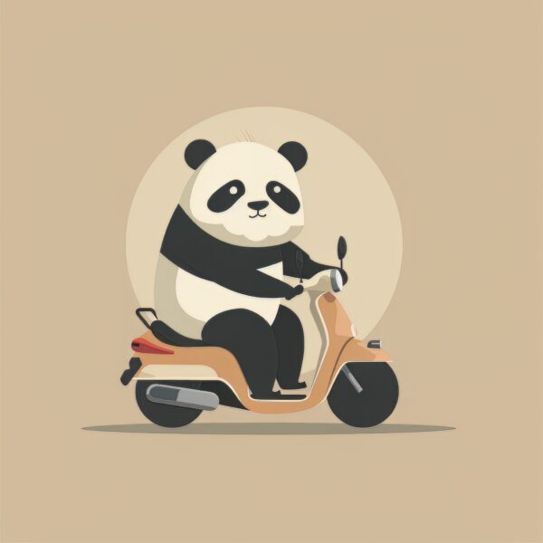 A simple cartoon drawing of a panda on a scooter