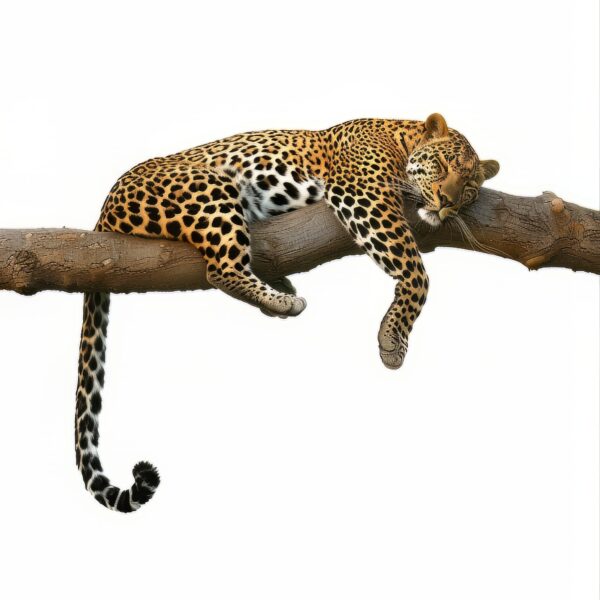 A still of a leopard lying on a tree branch