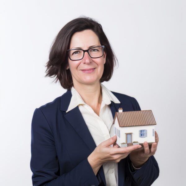 A visual of a British business woman in black suit holding a small model of a house