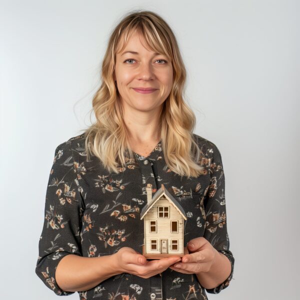 A visual of a British woman holding a small model of a house