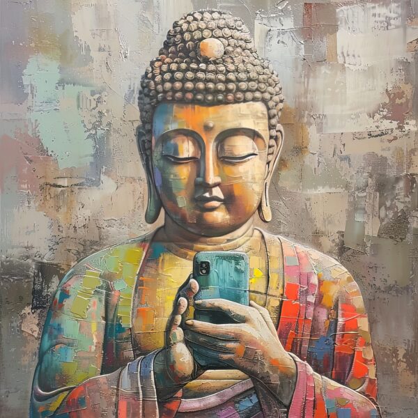 A visual of a Buddha statue grasping a smartphone