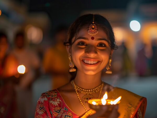 An Indian woman with a beaming smile holding a Diya to celebrate Diwali Image