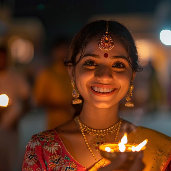 An Indian woman with a beaming smile holding a Diya to celebrate Diwali Image