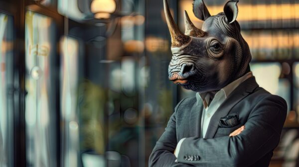 An extremely detailed image of a rhinoceros wearing formal business attire