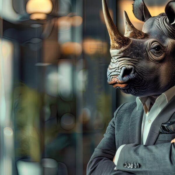 An extremely detailed image of a rhinoceros wearing formal business attire