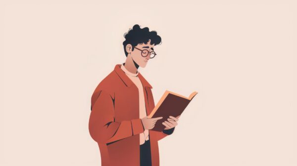 An illustrated scene of a man engrossed in reading