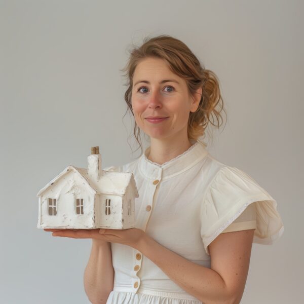 An image depicting a British woman with a miniature house in her hand