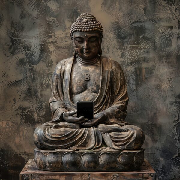 An image depicting a Buddha statue with a smartphone