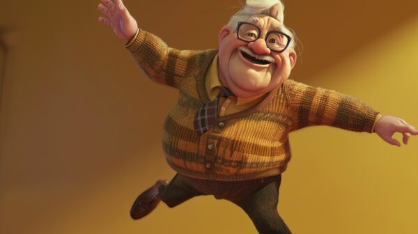 An image of a comical Pixar inspired joyful man dancing