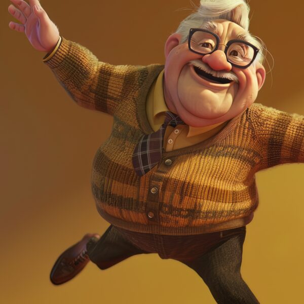 An image of a comical Pixar inspired joyful man dancing