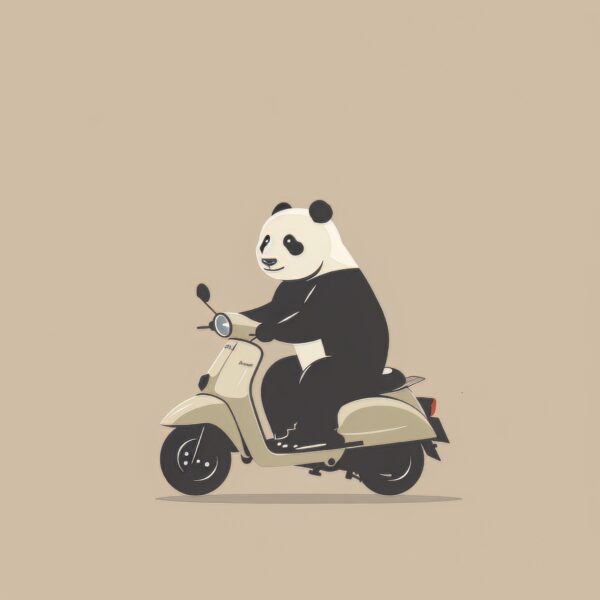 An image of a minimalist cartoon featuring a panda riding a scooter bike