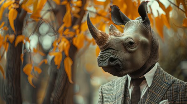 An ultra realistic snapshot of a rhinoceros in corporate clothing