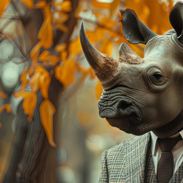 An ultra realistic snapshot of a rhinoceros in corporate clothing