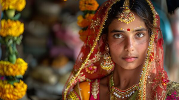 Beautiful Indian bride in traditional attire and jewelry photo