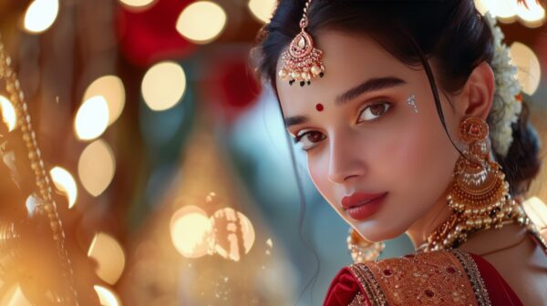 Beautiful young Indian model in traditional dress and jewelry