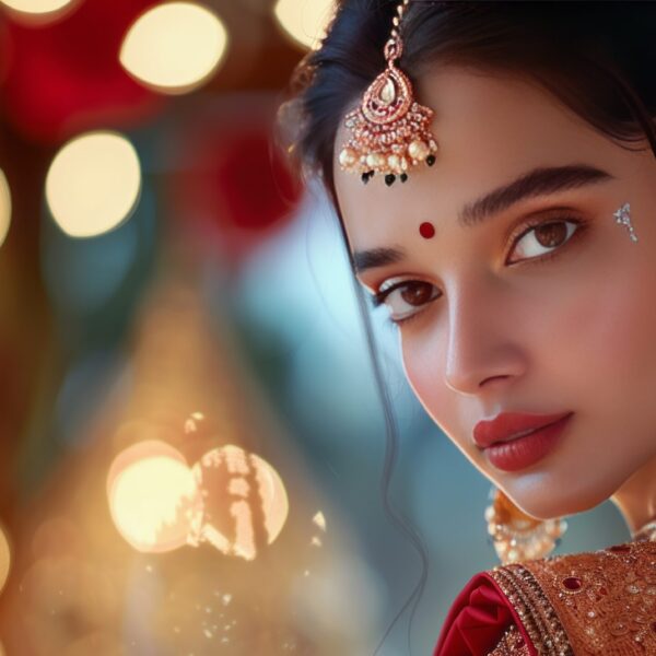 Beautiful young Indian model in traditional dress and jewelry