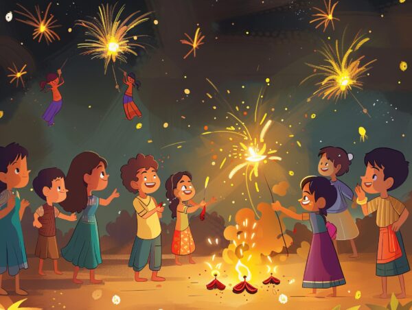 Cartoon illustration of kids celebrating Diwali with firecrackers and a sky full of fireworks