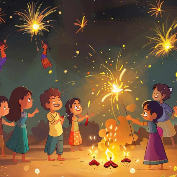 Cartoon illustration of kids celebrating Diwali with firecrackers and a sky full of fireworks