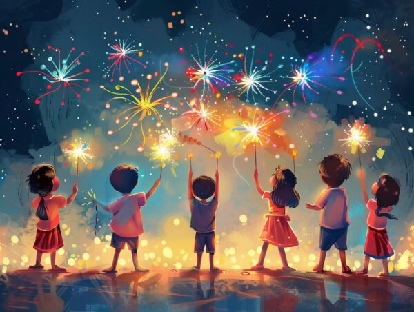 Cartoon image of numerous children lighting firecrackers and watching fireworks in the sky during Diwali