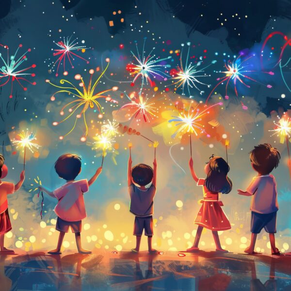 Cartoon image of numerous children lighting firecrackers and watching fireworks in the sky during Diwali