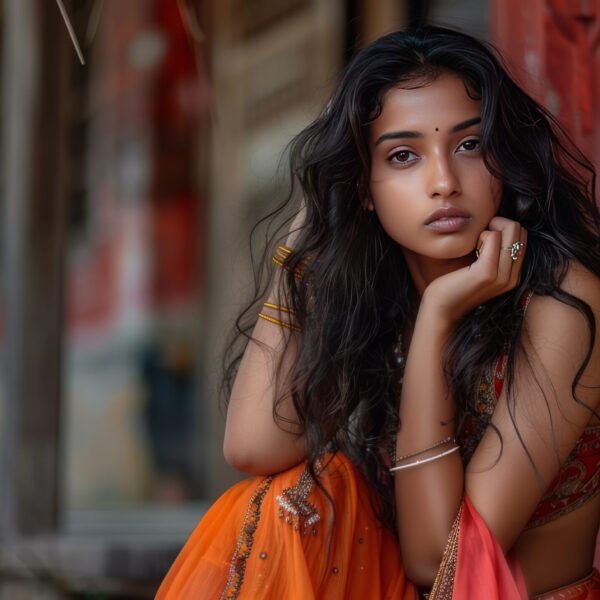 Confident young Indian model in traditional dress photo shoot