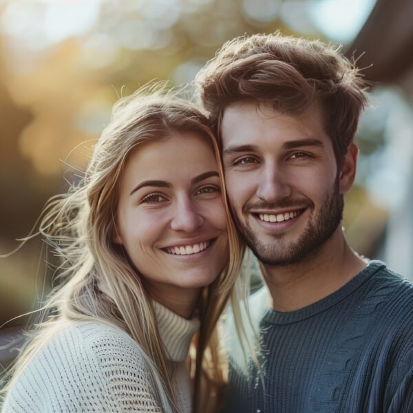 Couple smiling in front of their house