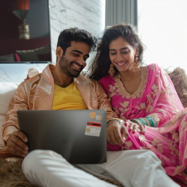 Cute indian couple shopping online