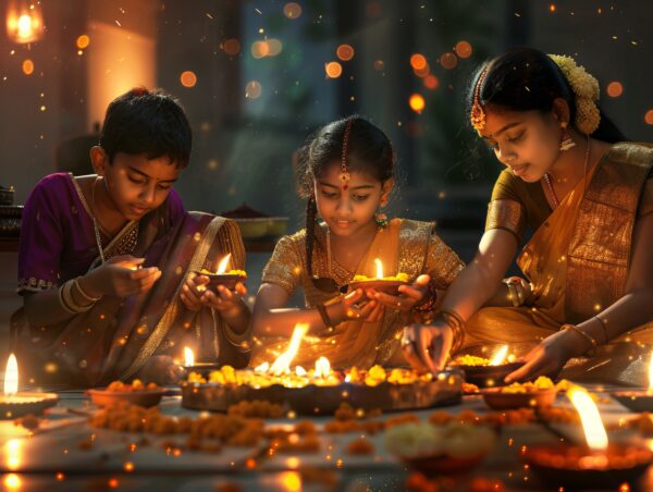 Festive image of an Indian family celebrating Diwali