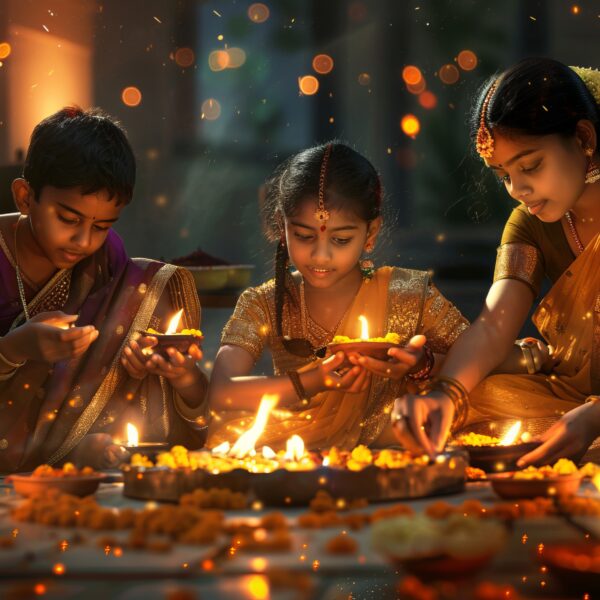 Festive image of an Indian family celebrating Diwali