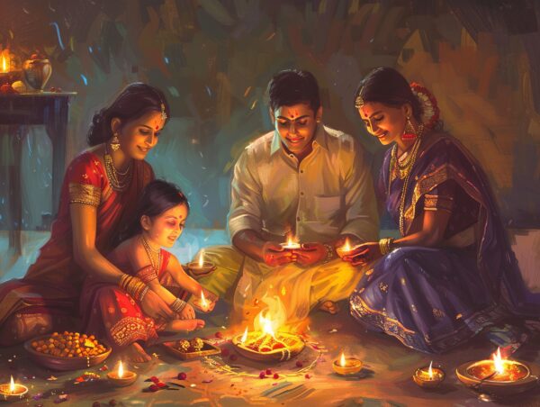 Happy Indian family enjoying Diwali celebrations