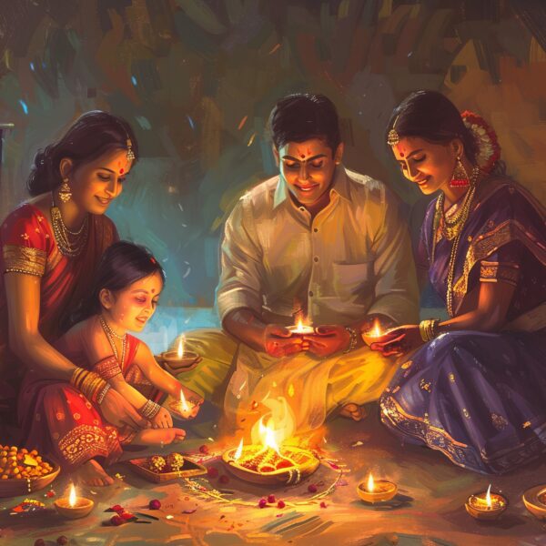 Happy Indian family enjoying Diwali celebrations