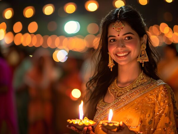 Happy Indian lady Diya in hand enjoying the Diwali festivities Image