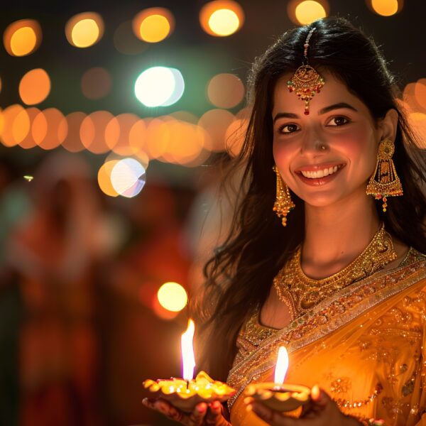 Happy Indian lady Diya in hand enjoying the Diwali festivities Image