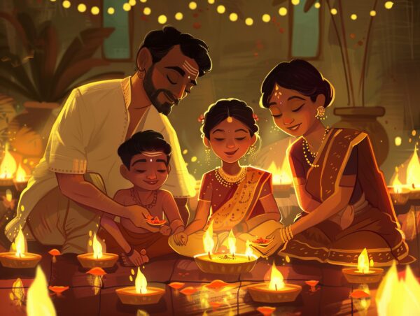 Illustration of a delighted Indian family celebrating Diwali