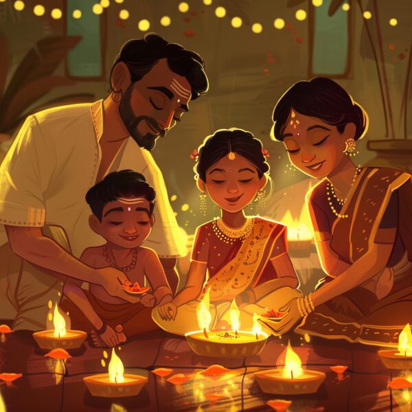 Illustration of a delighted Indian family celebrating Diwali