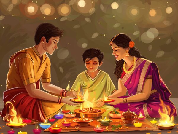 Illustration of a joyful Indian family celebrating Diwali