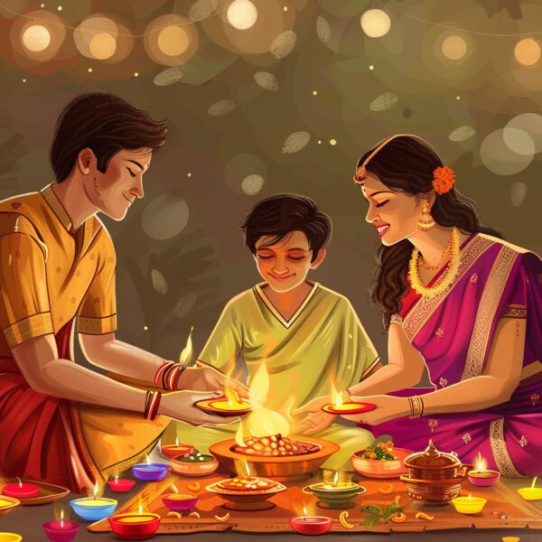 Illustration of a joyful Indian family celebrating Diwali