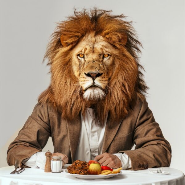 Image featuring a man with a lion face seated at a restaurant table