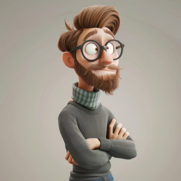 Image of a A Pixar style cartoon man in a full portrait happily thinking against a neutral background