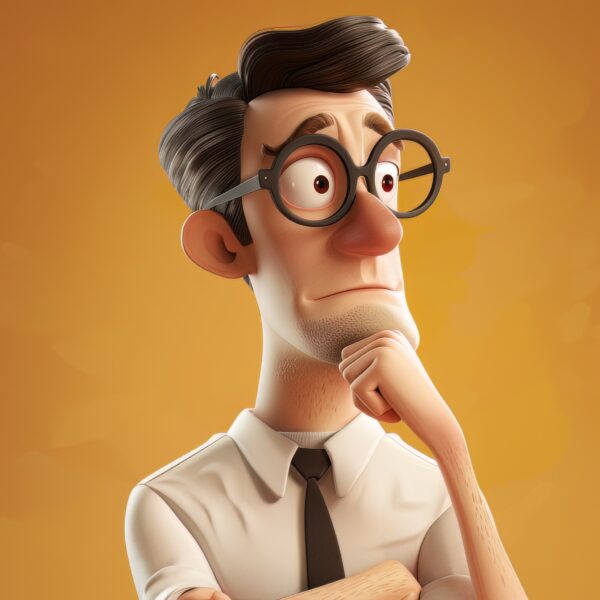 Image of a Animated Pixar style man thinking plain background