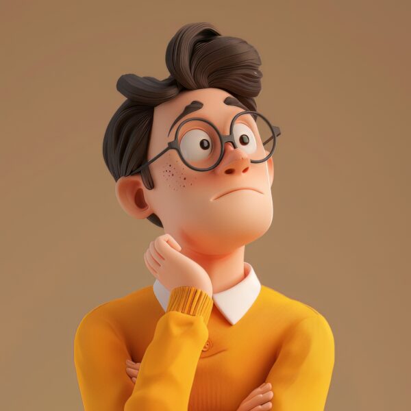 Image of a Animated illustration of a cheerful Pixar character deep in thought neutral backdrop