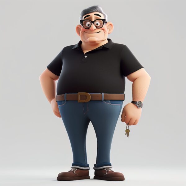 Image of a Cartoon fat old man in glasses holding key