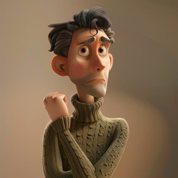 Image of a Cartoon man in Pixar fashion contemplating with neutral background